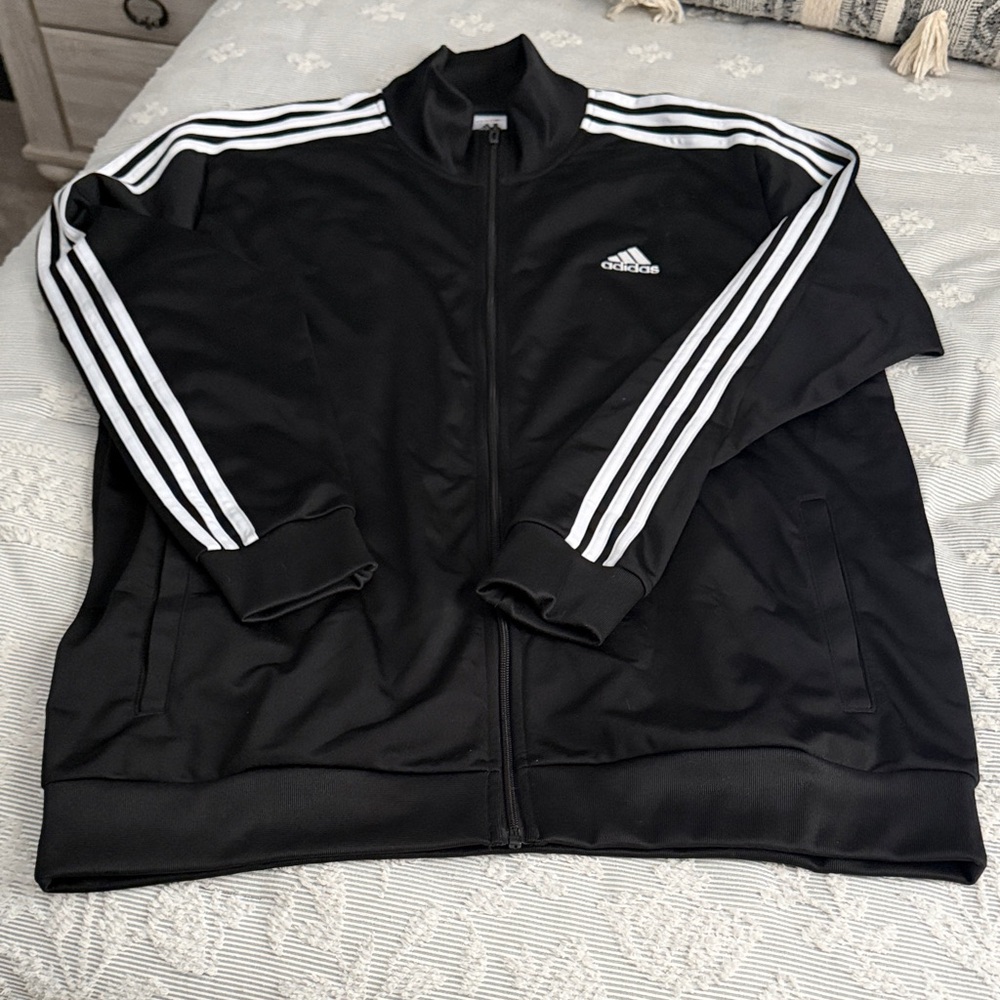 Adidas Men's Black Windbreaker with White Stripes
